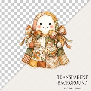 Patchwork-Geister-Clipart-Bundle, Aquarell-Herbst-Halloween-PNG, Cottagecore-Quilt-Geister, Vintage-Kinderzimmergrafiken, Kommerzielle Nutzung Bild 2