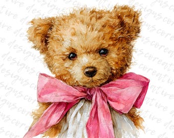 14 imágenes prediseñadas de osito de peluche con lazo rosa, linda ilustración de osito para guardería, imágenes prediseñadas infantiles divertidas, diseño para baby shower, descarga digital JPG
