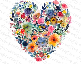 Clipart de corazón floral en acuarela - Romántico Día de San Valentín JPG (Descarga digital)