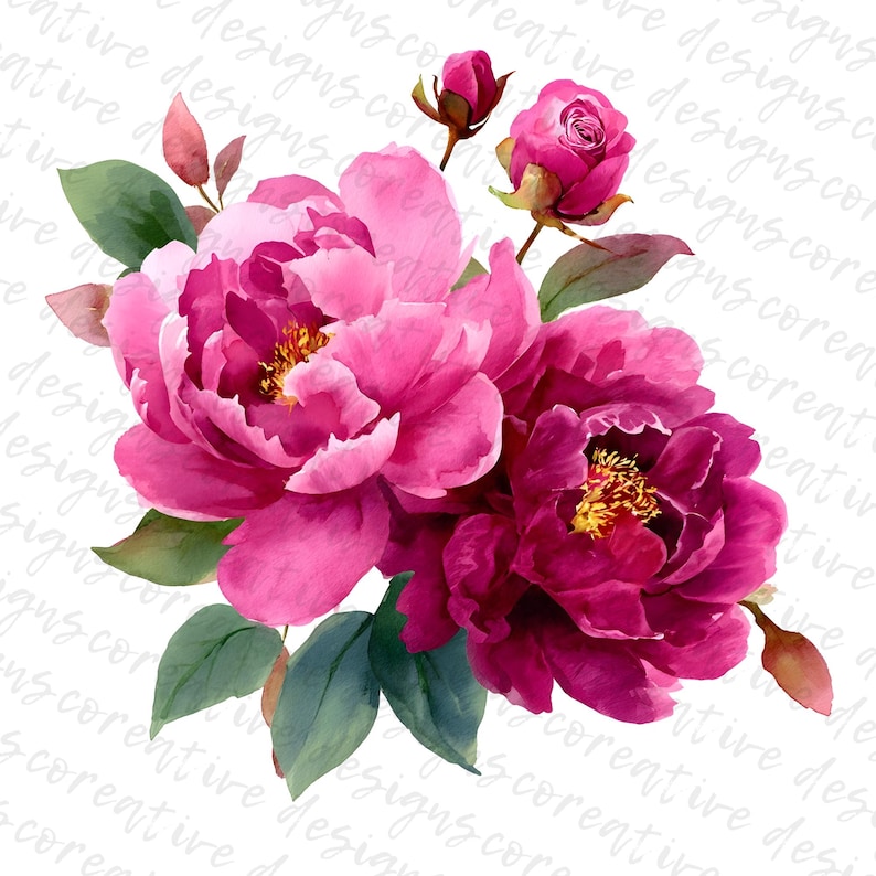 May include: Watercolor illustration of vibrant pink peonies and a rose bud with green leaves. The flowers have yellow centers and are set against a white background. The image has a soft, artistic feel.