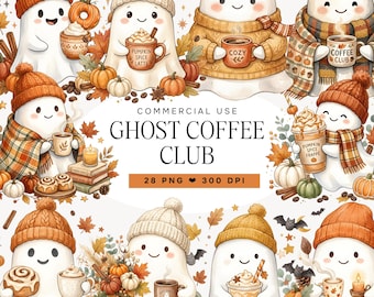 Ghost Coffee Clipart Bundle, Cute Halloween Ghost PNG, Watercolor Fall Ghost, Pumpkin Latte Clipart, Commercial Use PNG