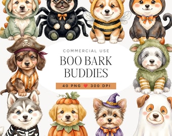 Imágenes prediseñadas de perros de Halloween en acuarela, paquete PNG de lindos disfraces de cachorros, gráficos de animales espeluznantes, uso comercial.