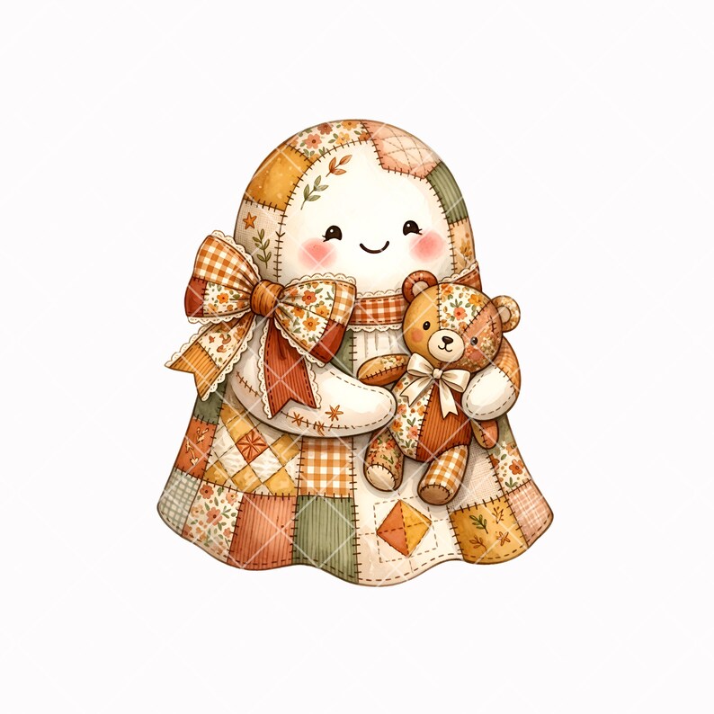 K&ouml;nnte beinhalten: Eine geisterf&ouml;rmige Figur aus Patchwork-Stoff in Orange-, Braun- und Cremet&ouml;nen, mit einer gro&szlig;en karierten Schleife und einem kleinen Teddyb&auml;ren im Arm. Die Figur hat ein einfaches l&auml;chelndes Gesicht mit rosa Wangen und einem Blumenmuster.