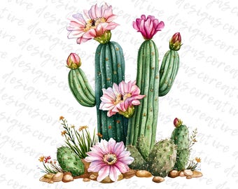 Watercolor Cactus Clipart: Desert Blooming Cacti (Digital Download JPG, 4096x4096px)