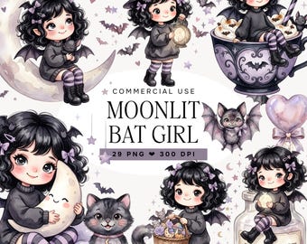 Cute Goth Girl Clipart, Watercolor Halloween Bat Girl PNG, Kawaii Witch Clipart, Spooky Moon Graphics, Sublimation Download