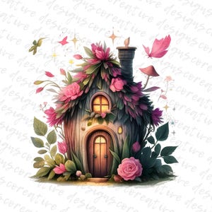 10 Whimsical Fairy House Clipart, Floral Fairy House, Magical House, Printable Watercolor Clipart, Paper Craft, Journal,Digital Download JPG