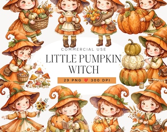Pumpkin Witch Clipart, Cute Witch PNG, Watercolor Autumn Clipart, Storybook Halloween PNG, Fall Watercolor Bundle, Commercial Use