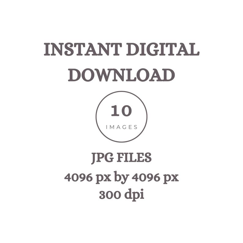 May include: White background with text that reads "INSTANT DIGITAL DOWNLOAD". A circular graphic contains the number "10" and the word "IMAGES". Below, the text reads "JPG FILES 4096 px by 4096 px 300 dpi".
