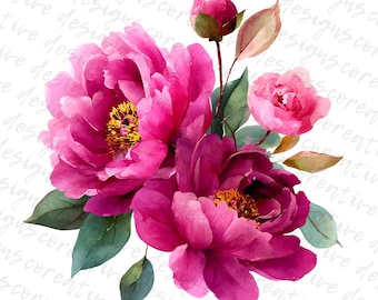 Watercolor Pink Flowers Clipart: Peonies & Roses (Digital Download JPGs, 4096x4096px, 300 DPI)