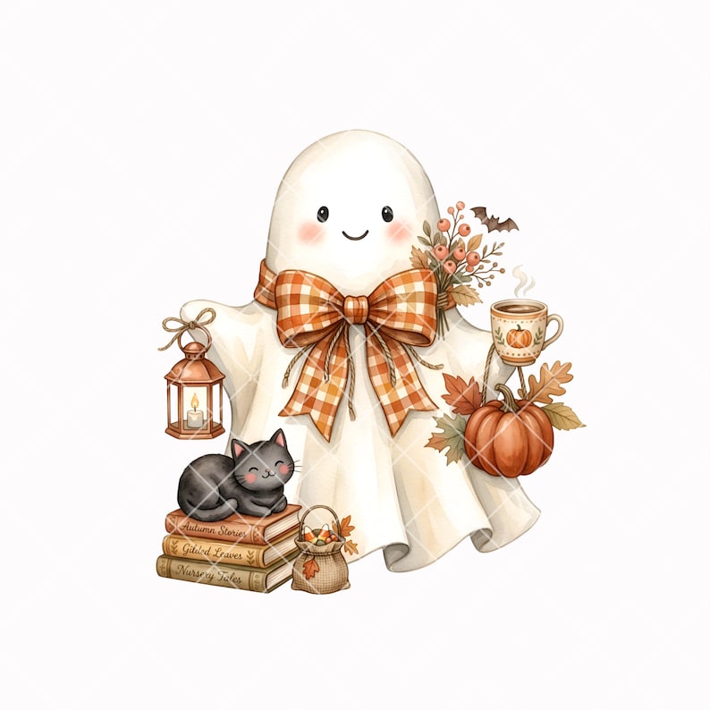 May include: A white ghost illustration wearing an orange and white plaid bow, holding a copper lantern and a mug with a pumpkin design. A black cat rests on three books labeled Autumn Stories, Gilded Leaves, and Nursery Tales near a pumpkin.