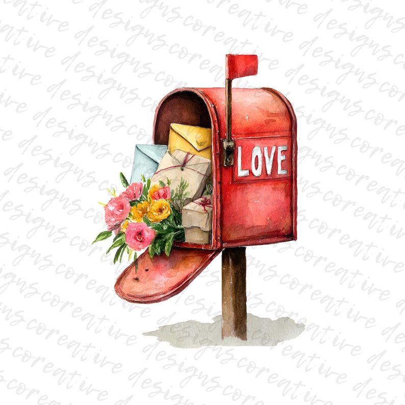 Valentine Mailbox Clipart Watercolor – Love Letters & Flowers, Romantic ...