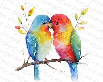 Clipart de pájaros amorosos de acuarela: Animales románticos, tarjetas, manualidades de papel, descarga digital JPG