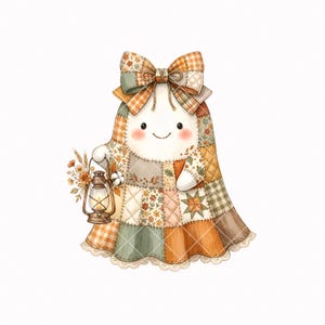 K&ouml;nnte beinhalten: Eine Geisterfigur, eingeh&uuml;llt in eine Patchwork-Decke mit verschiedenen orangefarbenen, braunen und gr&uuml;nen Mustern, gekr&ouml;nt von einer gro&szlig;en passenden Schleife. Der Geist hat ein einfaches Gesicht mit zwei schwarzen Augen und h&auml;lt eine Blumenlaterne.