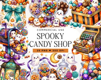 Halloween Candy Clipart Bundle, Watercolor Candy Shop PNG, Cute Sweets Clipart, Lollipop & Candy Jar Graphics, Pumpkin Treats, Sublimation