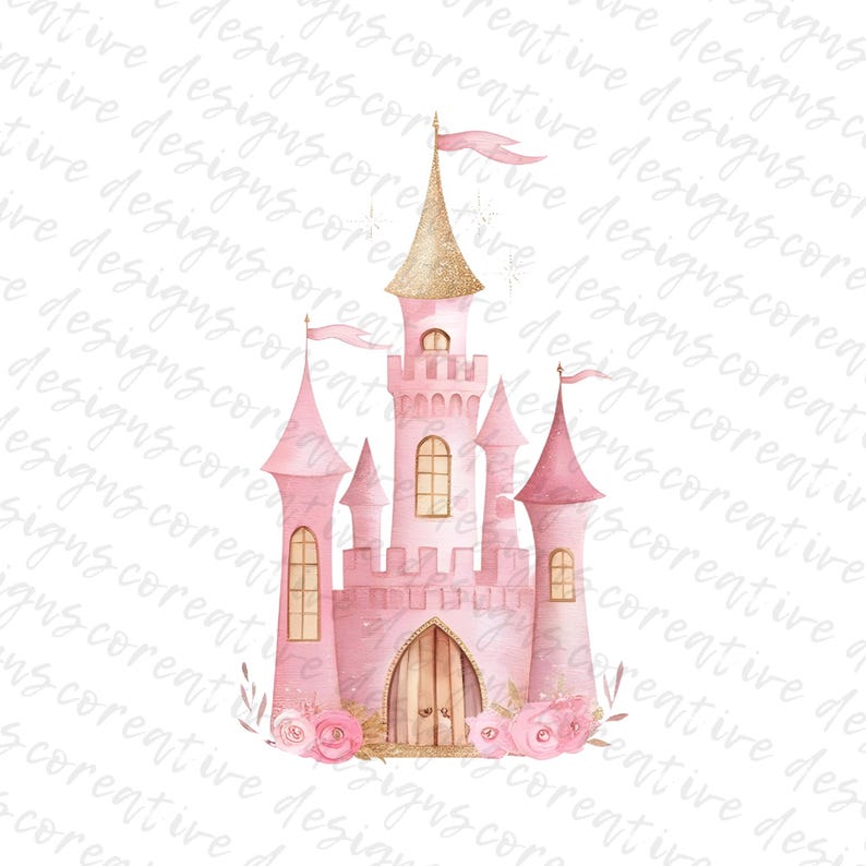 Turret And Roses Pink Princess Castle Clipart: Watercolor JPG Images (digital Download ...