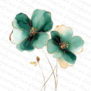 10 Abstract Flowers Clipart, Emerald Green Flowers, Watercolor Flowers, Printable Cliparts, Paper Crafts, Journal, Digital Download JPG