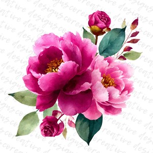 May include: Watercolor illustration of vibrant pink peonies with green leaves and smaller pink buds. The flowers have yellow centers and are set against a white background with the words "creative designs core" in a repeating pattern.