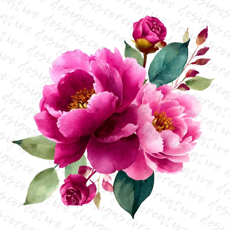May include: Watercolor illustration of vibrant pink peonies with green leaves and smaller pink buds. The flowers have yellow centers and are set against a white background with the words "creative designs core" in a repeating pattern.