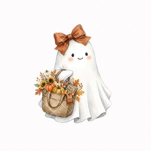 May include: A white ghost illustration with a brown bow on its head, holding a tan tote bag filled with sunflowers, orange pumpkins, autumn leaves, candy corn, and a book with the text FALL MAGIC printed on the cover in a simple font.