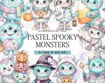 Cute Pastel Halloween Monster Clipart, Watercolor Kawaii Monster PNG, Ghost Pumpkin Witch Clip Art, Spooky Sublimation PNG