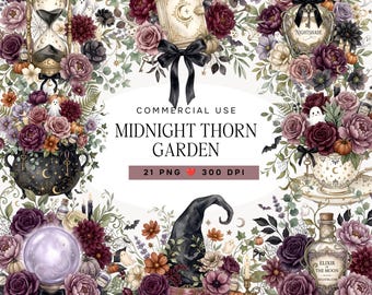 Gothic Halloween Floral Clipart, Watercolor Dark Flowers PNG Bundle, Witchy Botanical Art, Spooky Romantic Graphics