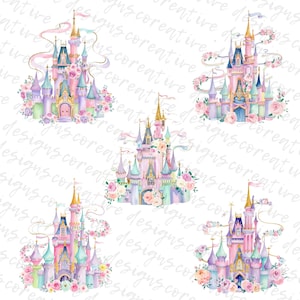 Può includere: Illustrazioni ad acquerello di castelli delle fiabe in colori pastello. Ogni castello presenta più torri, bandiere e composizioni floreali. I castelli sono in tonalità di rosa, viola, blu e oro, con uno sfondo bianco.