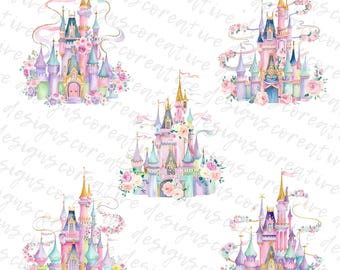 Watercolor Princess Castle Clipart, Rainbow Castle PNGs (Digital Download)