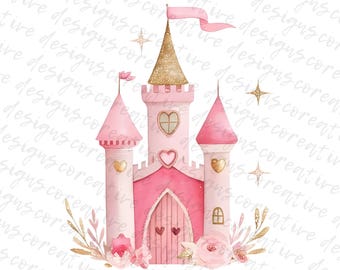 Imágenes prediseñadas de castillo de princesa rosa: imágenes JPG en acuarela (descarga digital)