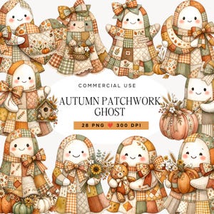 Peut inclure: Une collection d'illustrations numériques représentant des fantômes en tissu patchwork aux couleurs automnales orange, vert et crème. Les fantômes sont décorés de nœuds, citrouilles, tournesols et ours en peluche. Le texte indique : COMMERCIAL USE AUTUMN PATCHWORK GHOST 28 PNG 300 DPI.