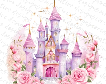 Imágenes prediseñadas de castillo de princesa en acuarela: decoración de fiesta de cuento de hadas rosa (descarga digital JPG)