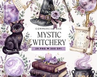 Witch Clipart Bundle, Watercolor Witchy PNG, Mystic Magic Clipart, Crystal Ball, Black Cat, Spell Book, Potion Bottle, Halloween Sublimation