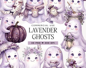 Cute Ghost Clipart Bundle, Watercolor Halloween Ghost PNG, Lavender Ghosts, Spooky Fall Sublimation Graphics, Witchy Autumn Clipart