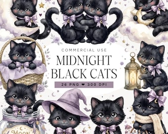 Cute Black Cat Clipart, Watercolor Halloween Cat PNG, Witch Kitten Clipart, Gothic Cottagecore, Sublimation Graphics