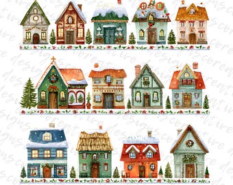Christmas Village Border Clipart: Festive House Illustrations (Digital Download JPG)