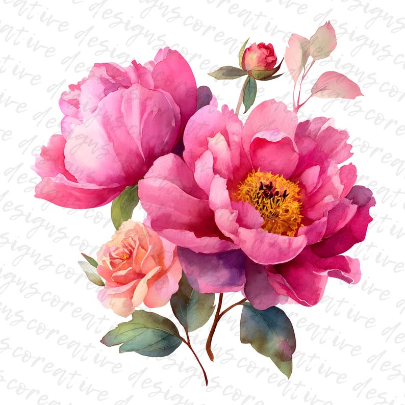 May include: Watercolor illustration of a bouquet of pink peonies and a peach-colored rose. The peonies have yellow centers and are surrounded by green leaves and stems. The background is white with a subtle text overlay.