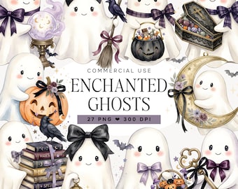 Cute Ghost Clipart, Watercolor Halloween Ghost PNG, Spooky Kawaii Ghosts, Witchy Clipart, Pumpkin Raven Moon Sublimation