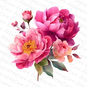 May include: Watercolor illustration of a bouquet of pink peonies and buds with green leaves. The flowers have a vibrant pink hue with yellow centers. The image has a white background with the text "creative designs core" in the background.