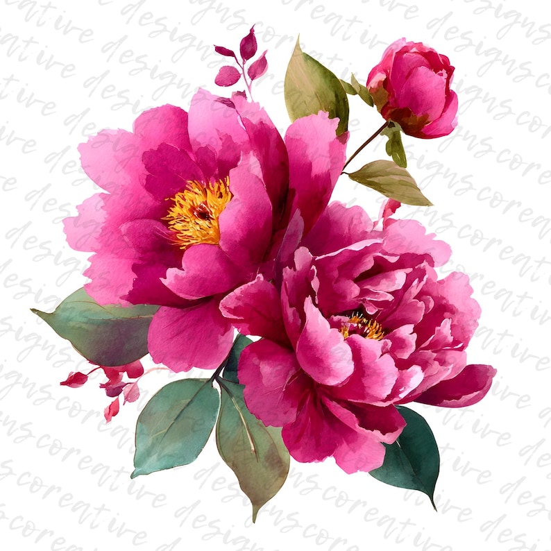 May include: Watercolor illustration of vibrant pink peonies with yellow centers, green leaves, and small red accents. The flowers are in full bloom, showcasing their layered petals. A botanical design on a white background.