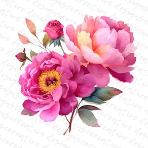May include: Watercolor illustration of pink peonies and a rose with green leaves and stems. The flowers have a vibrant pink hue with yellow centers, set against a white background. The image has a soft, artistic feel.