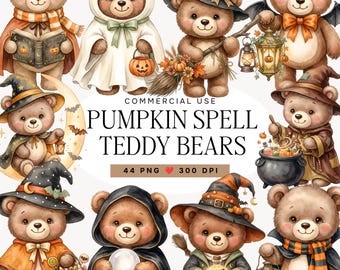 Halloween Teddy Bear Clipart Bundle, Watercolor Pumpkin Teddy PNG, Cute Storybook Halloween Graphics, Commercial Use