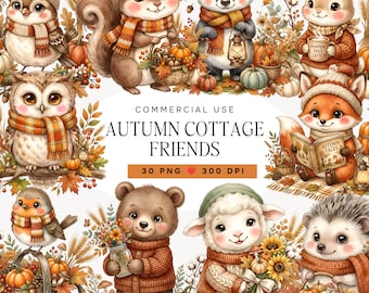 Autumn Cottage Clipart Bundle, Watercolor Woodland Animals PNG, Cozy Fall Harvest Graphics, Nursery Decor, Commercial Use