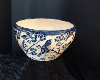 large sgraffito blue ceramic bowl with birds