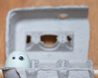 May include: A light blue egg with googly eyes sits in a gray cardboard egg carton.