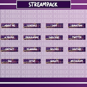 Peut inclure: Boutons d'overlay de flux Twitch violets et dorés avec du texte tel que "À propos de moi", "Horaire", "Boutique", "Don", "À propos", "Programme", "S'abonner", "Twitter", "Contact", "Planification", "Discord", "Youtube", "FAQ", "Configuration", "Faire un don" et "Instagram".