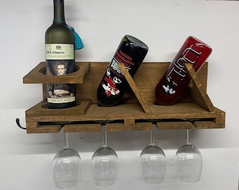 Rustic Wood Wine Rack - Wall Mounted With Wine Glass Slots