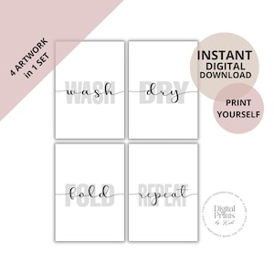 LAUNDRY SET Printable | Wash Dry Fold Repeat | Farmhouse Wall Art Home Decor | Printable Signage Minimalistic Design Art