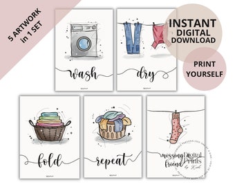 LAUNDRY SET of 4 Artwork | Wash | Dry | Fold | Repeat | Wall Art | Home ...
