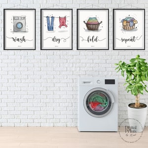 SET LAVANDERIA di 4 opere d'arte / Lavare / Asciugare / Piegare / Ripetere / Arte da parete / Decorazione per la casa / Stampe di poster / Stampabili per lavanderia