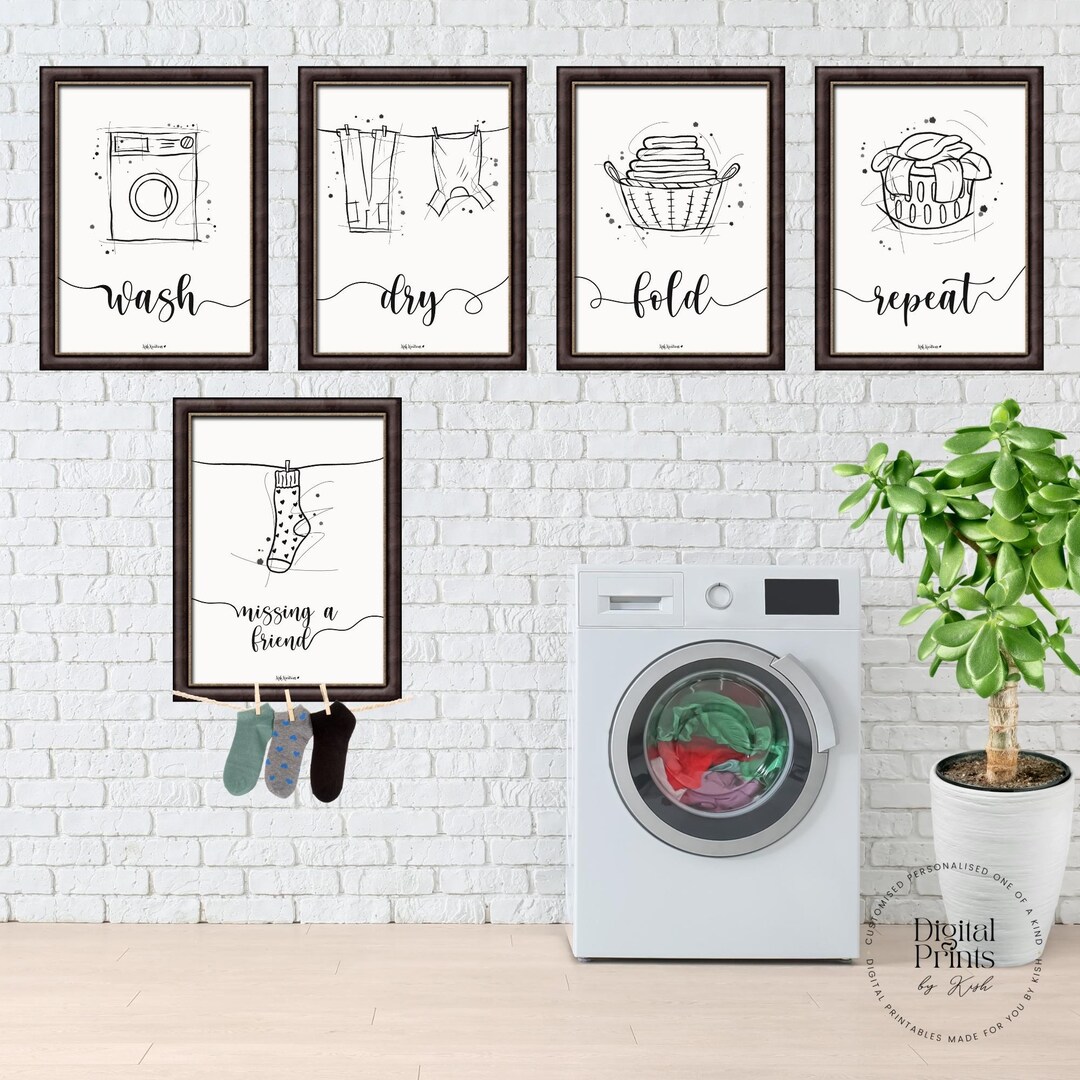 LAUNDRY SET of 5 Artwork Black and White | Wash | Dry | Fold | Repeat ...