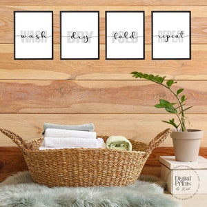 LAUNDRY SET Printable | Wash Dry Fold Repeat | Farmhouse Wall Art Home Decor | Printable Signage Minimalistic Design Art